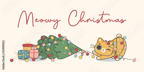 Cute Christmas cat illustration banner, featuring an Adorable kawaii character with holiday decorations. Perfect for festive designs and Xmas greeting cards
