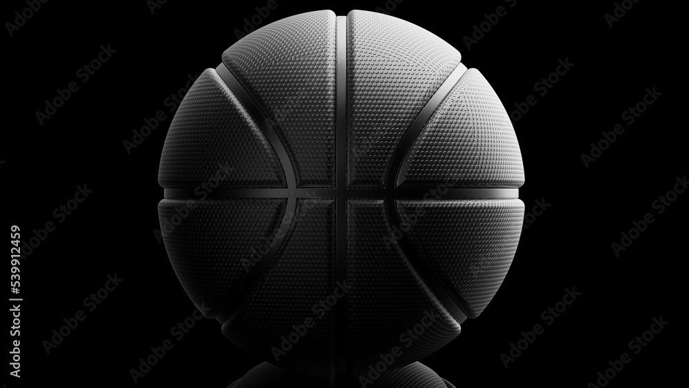 Fototapeta premium Black metallic basketball with dots under black-white lighting background. Concept 3D CG of propaganda for the team, advertisement for the league finals and the fruits of the players' efforts.
