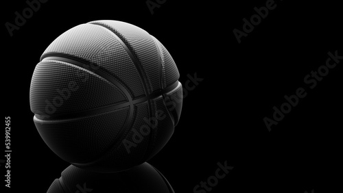 Black metallic basketball with dots under black-white lighting background. Concept 3D CG of propaganda for the team, advertisement for the league finals and the fruits of the players' efforts. © DRN Studio