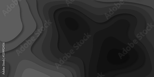 Geometric papercut black luxury background and elements, topography map concept. Abstract paper cut layered black posters. Fluid shapes brochure template. For banner, identity card, cover.