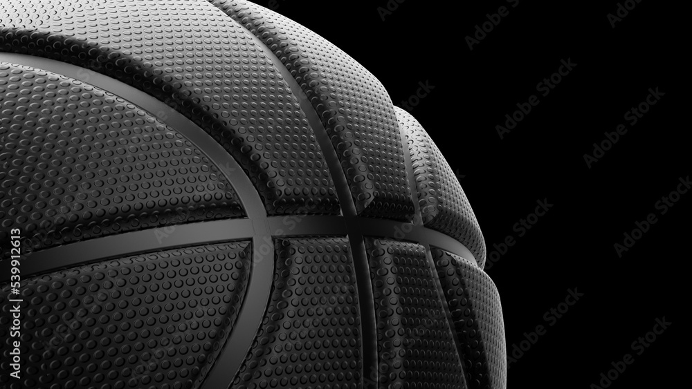 Fototapeta premium Black metallic basketball with dots under black-white lighting background. Concept 3D CG of propaganda for the team, advertisement for the league finals and the fruits of the players' efforts.