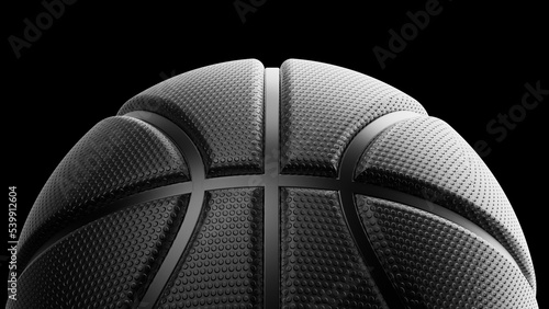 Black metallic basketball with dots under black-white lighting background. Concept 3D CG of propaganda for the team, advertisement for the league finals and the fruits of the players' efforts. © DRN Studio