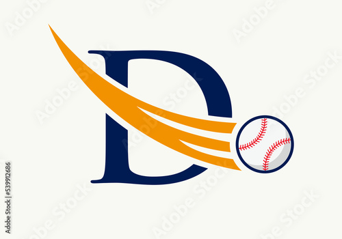 Letter D Baseball Logo Concept With Moving Baseball Icon Vector Template