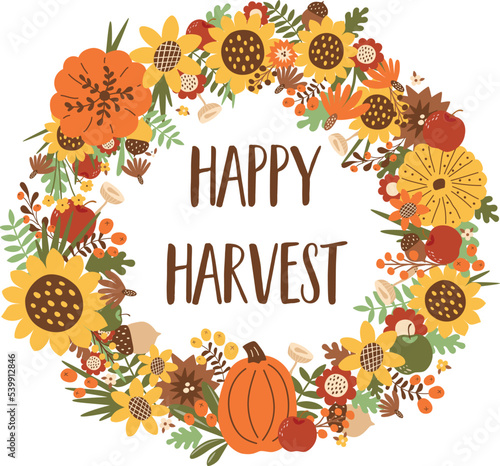 Fall wreath Happy Harvest. Autumn wreath illustration isolated on white background. Autumn harvest banner Harvest fall farm market poster element Vector