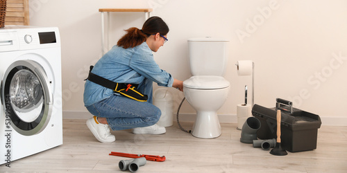 Female plumber fixing toile...