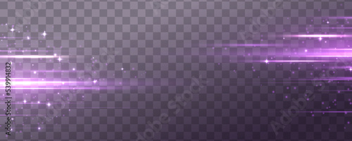 Purple soft horizontal neon lines. Set of abstract lens flares. Flash purple line motion. Laser sparkle beams, glowing violet speed rays, dust sparks light effect. Luminous sparkling lined. Vector