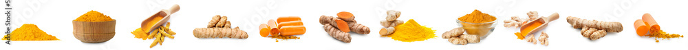 Set of aromatic turmeric powder and pills on white background Set of aromatic turmeric powder and pills on white background