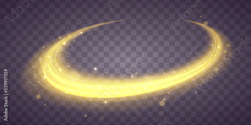 Golden shiny spiral wave sparks. Curved yellow speed line twirl. Glittering wavy trail. Swirling dynamic neon circle. Magic gold whirlwind with flare sparkles. Glow swirl light bokeh effect. Vector	