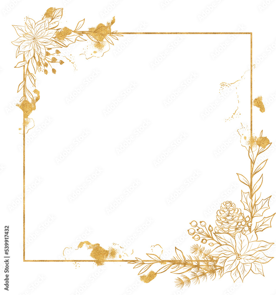 Fototapeta premium Gold frame Christmas with flowers, Glittery gold Christmas background
