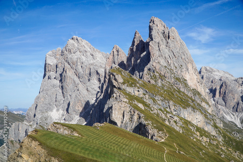 Amazing dolomite mountains: View to Odles group from seceda peak. picturesue landscape in south tyrol, italy, garda valley. puez odles nature park. photo