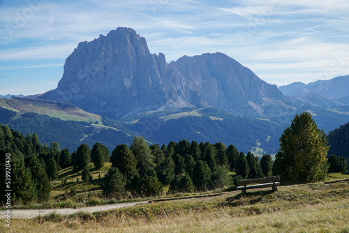 Amazing view to distinctive and famous sassolungo peak and group in the gardena valley in the dolomites. Perfect day for hiking with clear blue sky. Alto adige, South Tyrol Italy 