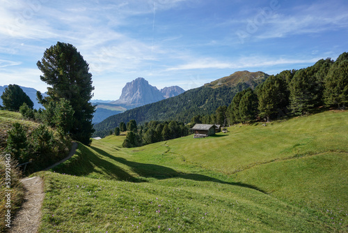 Picturesque alp landscape: wooden cabin in wonderful alp scenery in the italian dolomites. picturesque view into the gardena valley.