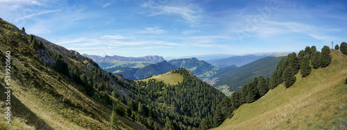 Stunning panoramic moutain view in the dolomites. Gardena valley, alto adige, south tyrol. hiking, nature and holiday concept.