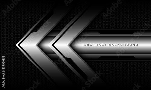 Abstract silver arrow black cyber geometric line banner on black hexagon mesh pattern design ultramodern luxury futuristic technology background vector
