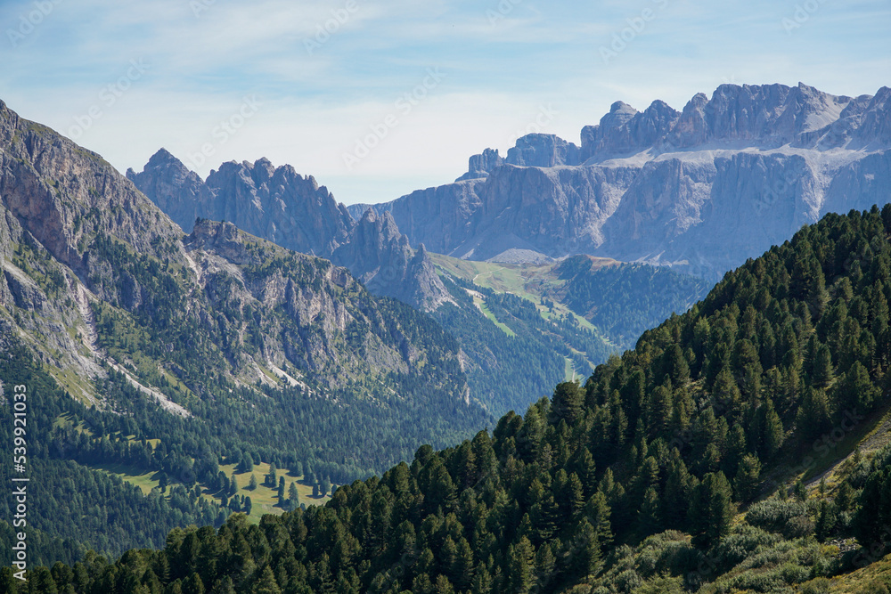Fototapeta premium Amazing view to distinctive mountain Sella Group in the Dolomites: Famous mountain ridge in south tyrol, gardena valley, italy. View from Pued Odles Nature Park