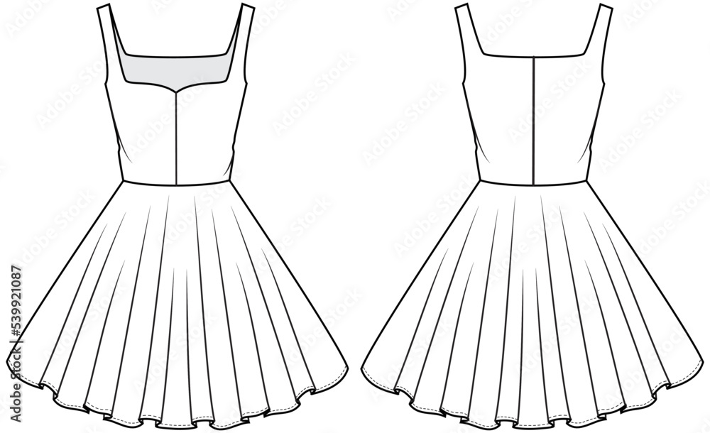 womens sleeveless sweetheart neck skater dress flat sketch vector
