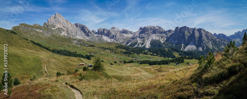Amazing panoramic view in the dolomites: from seceda alp to sella group and sassolungo group and to world famous alp de siusi. south tyrol, italy, garda valley. puez odles nature park. © grahof_photo