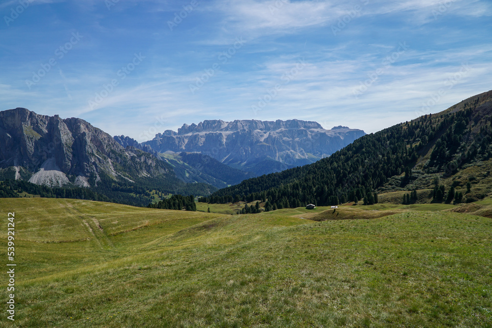 Amazing view to famous and distinctive sella group mountain in the dolomites. massive mountain group with over 3000m mountains. gardena valley, south tyrol, italy