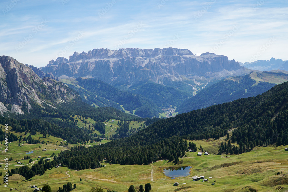 Amazing view to distinctive mountain Sella Group in the Dolomites: Distinctive and famous mountain ridge in south tyrol, gardena valley, italy.