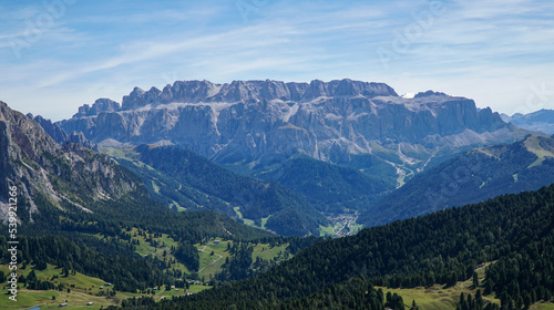 Panoramic view  Amazing view to distinctive mountain Sella Group in the Dolomites  Distinctive and famous mountain ridge in south tyrol  gardena valley  italy. Travel and holiday concept.