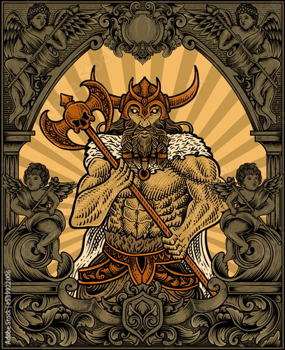 Illustration antique viking warriors with engraving ornament frame