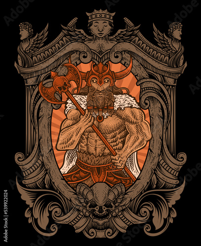 Illustration antique viking warriors with engraving ornament frame