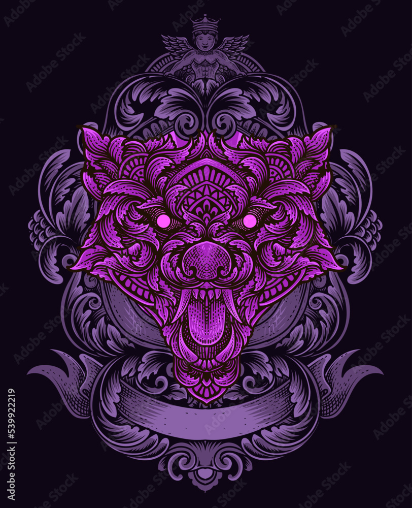 illustration wolf head with engraving ornament style