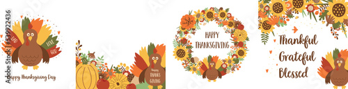 Thanksgiving day poster set with turkey, floral autumn leaves, pumpkin, sunflower vector illustration. Fall floral thanksgiving day greeting, invitation decorative banner, border, frame, wreath design