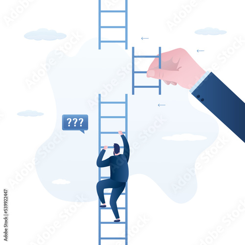 Male employee climbing up to top of broken ladder. Helping hand, business support to reach career target or help to climb up ladder of success. Businessman need help.