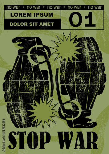 Anti-nuclear war propaganda poster. No to War, Stop War. Set of vector illustrations. Engraving, ink style. Poster, cover, t-shirt print. Military explosion, military, weapon