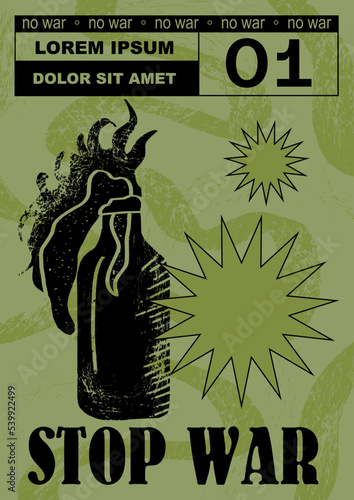 Anti-nuclear war propaganda poster. No to War, Stop War. Set of vector illustrations. Engraving, ink style. Poster, cover, t-shirt print. Military explosive, molotov cocktail