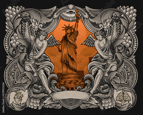 illustration vintage liberty statue with engraving ornament