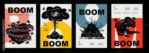 Anti-nuclear war propaganda poster. No to War, Stop War. Set of vector illustrations. Engraving, ink style. Poster, cover, t-shirt print. Military atomic, cloud, explosive, detonation