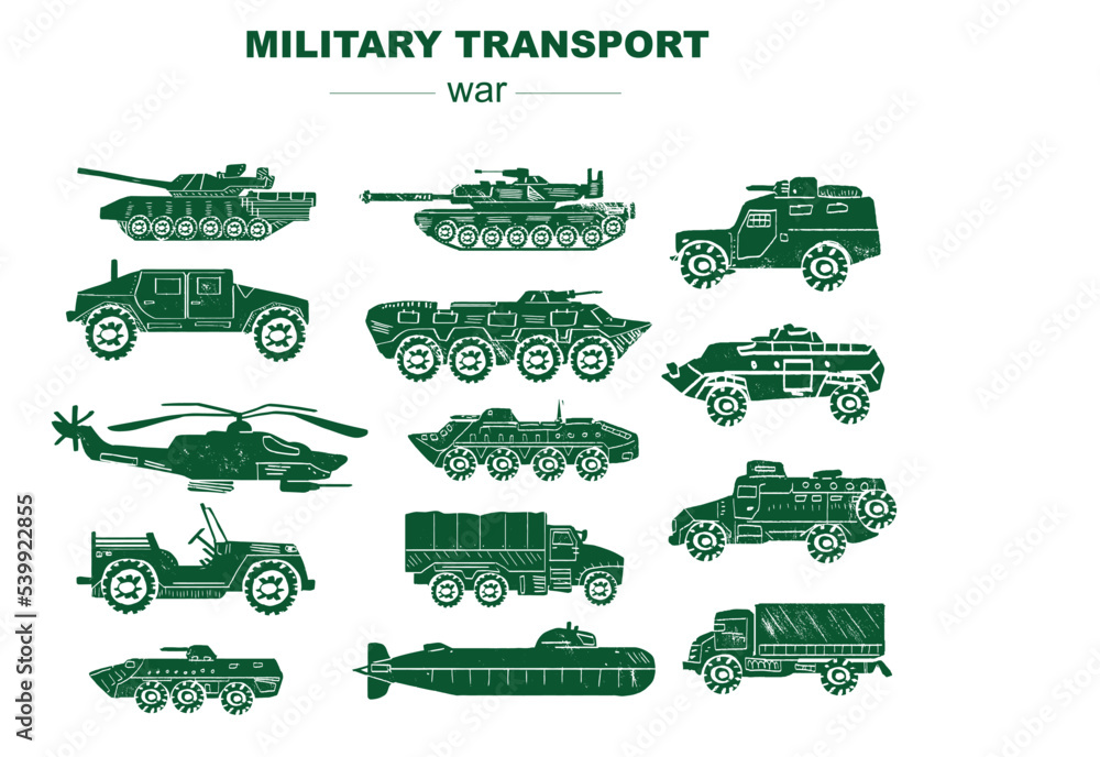 Army vehicles and war equipment, military transport engraving, ink