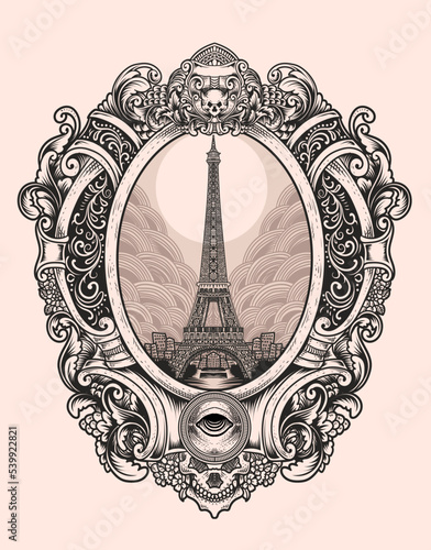 illustration retro eiffel tower with vintage style