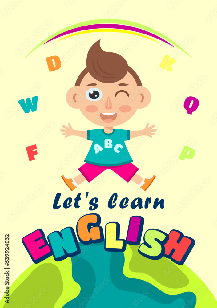 Book cover, banner for beginner level learning english with character Book cover, banner for beginner level learning english with character