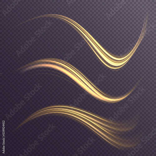 Golden shiny spiral wave sparks. Curved yellow speed line twirl. Glittering wavy trail. Swirling dynamic neon circle. Magic gold whirlwind with flare sparkles. Glow swirl light bokeh effect. Vector	