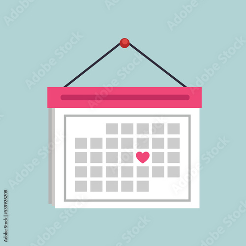 A flat style of calendar vector with a little heart on a blue background. Valentine's day.