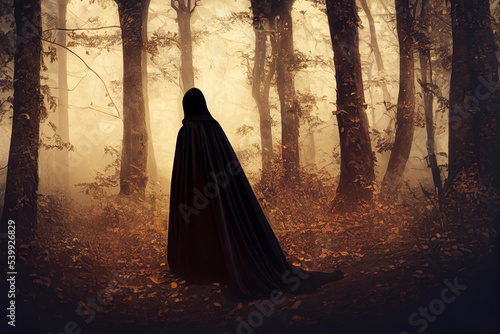 Witch woman in black dress with hood in a dark autumn forest, Halloween theme