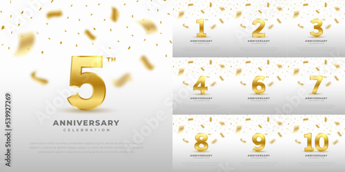 Set of 1st-10th anniversary celebration emblem with gold glitter color and white background. Vector design for celebrations, invitation cards and greeting cards.