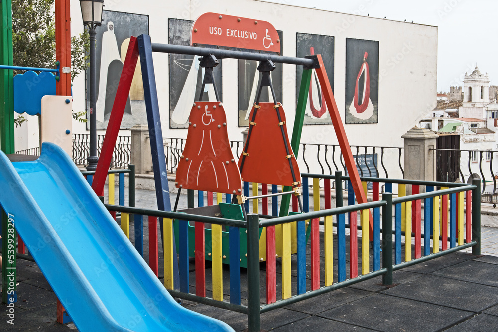 A children's play area in Tarifa, Spain, has a swing designed for the exclusive use of wheelchair users.