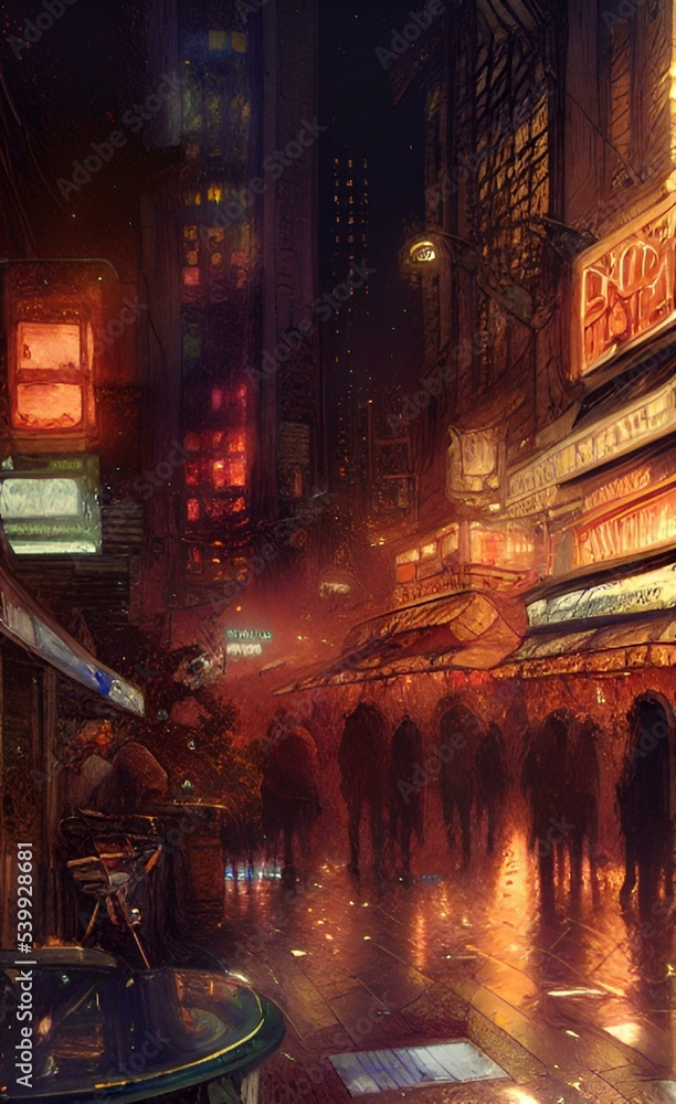 Drawing of city streets at night. Nightlife. Walks at night.