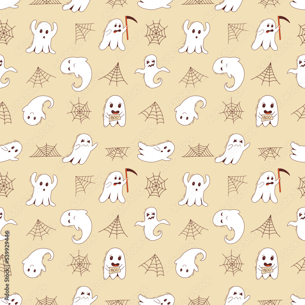 Spooky halloween ghosts seamless pattern. Spooky poltergeist. Halloween scary ghostly monsters