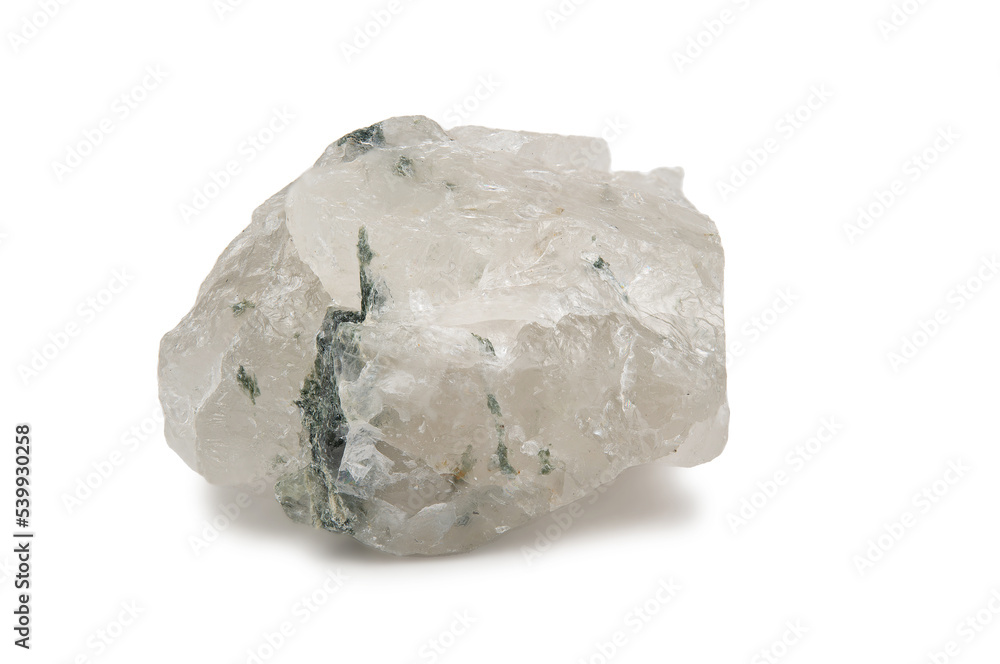The mineral amphibolite in a translucent quartz crystal.