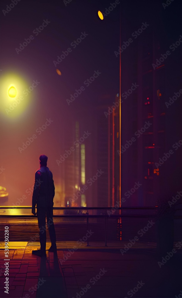 Obraz premium Drawing of city streets at night. Nightlife. Walks at night.