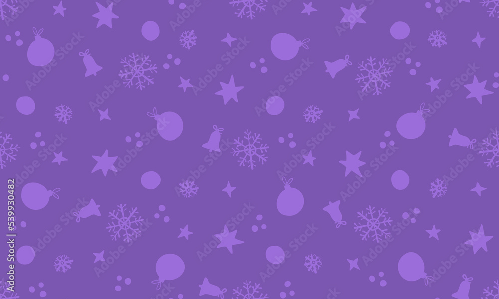 Christmas monochrome purple seamless pattern with winter bells and snowflakes. For wrapping and gift paper.