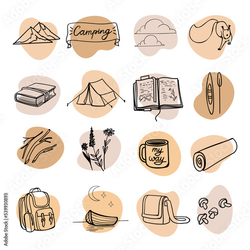 camping hand drawn icon set contour on the white backround
