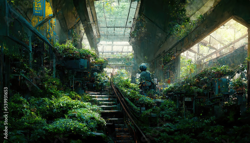 AI generated image of an abandoned ruined mall overrun with plants and weeds 