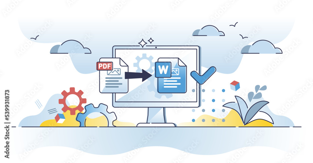 PDF to word converter software tool to change extension outline concept. File format edit process with application or online website vector illustration. Document style conversion to digital doc file PDF to word converter software tool to change extension outline concept. File format edit process with application or online website vector illustration. Document style conversion to digital doc file