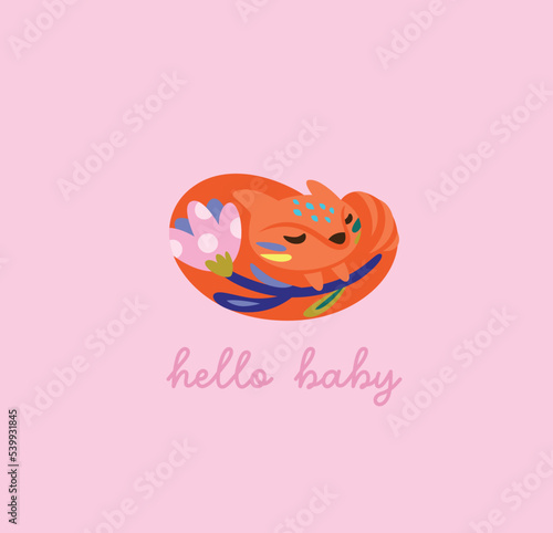 Sweet orange sleeping fox character with flower inside. Vector illustration